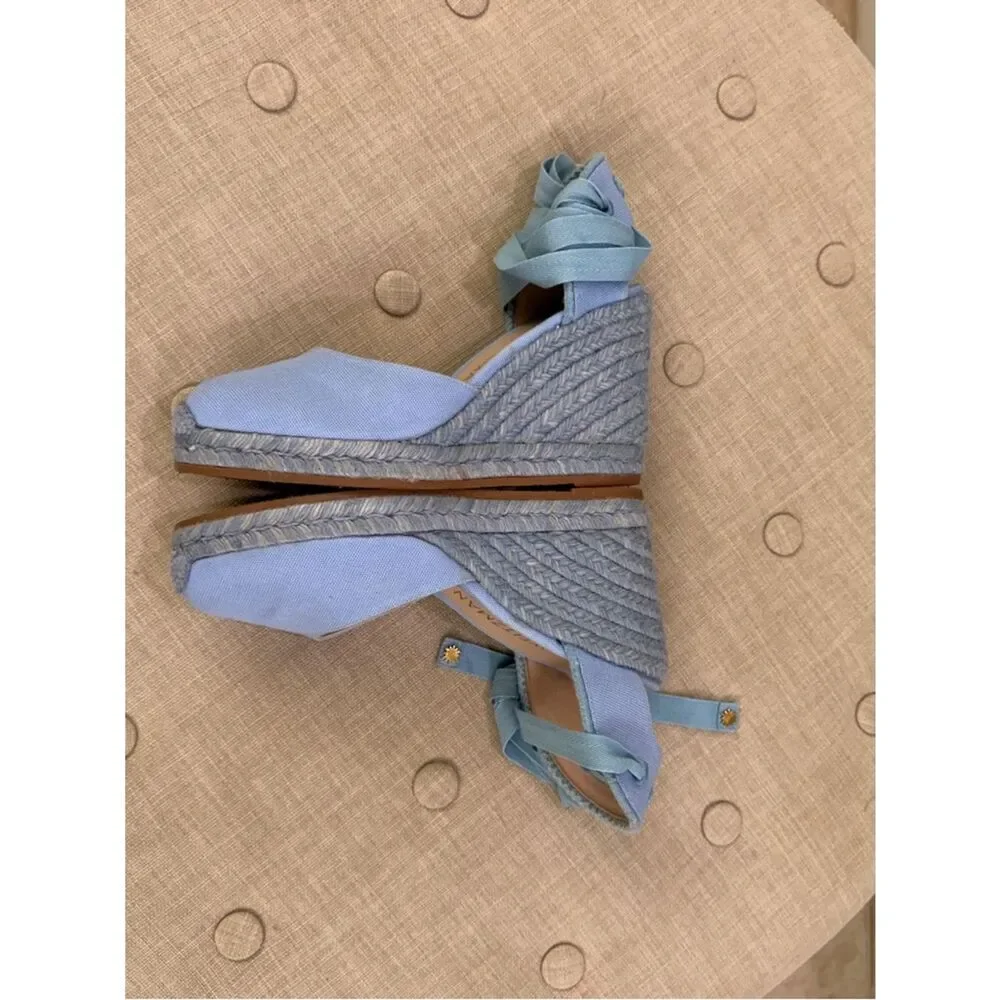 Stuart Weitzman Light Blue Espadrille Wedge Ankle-Tie Sandals - Picture 9 of 12